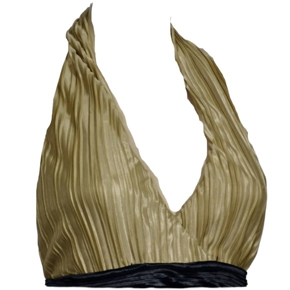 STELLA & JAMIE NEW NWT Black and Champagne Pleated Halter Open Back Dress Small - Picture 2 of 16